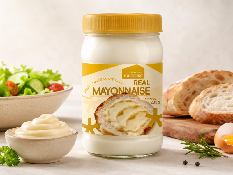 Mayonesa real en tarro de cristal.
