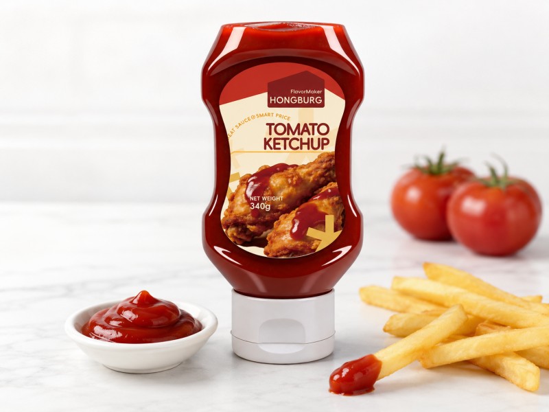 Ketchup de tomate espeso, dulce y picante