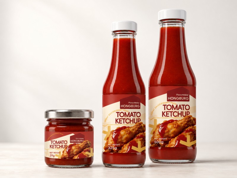 Ketchup de tomate en botella de vidrio